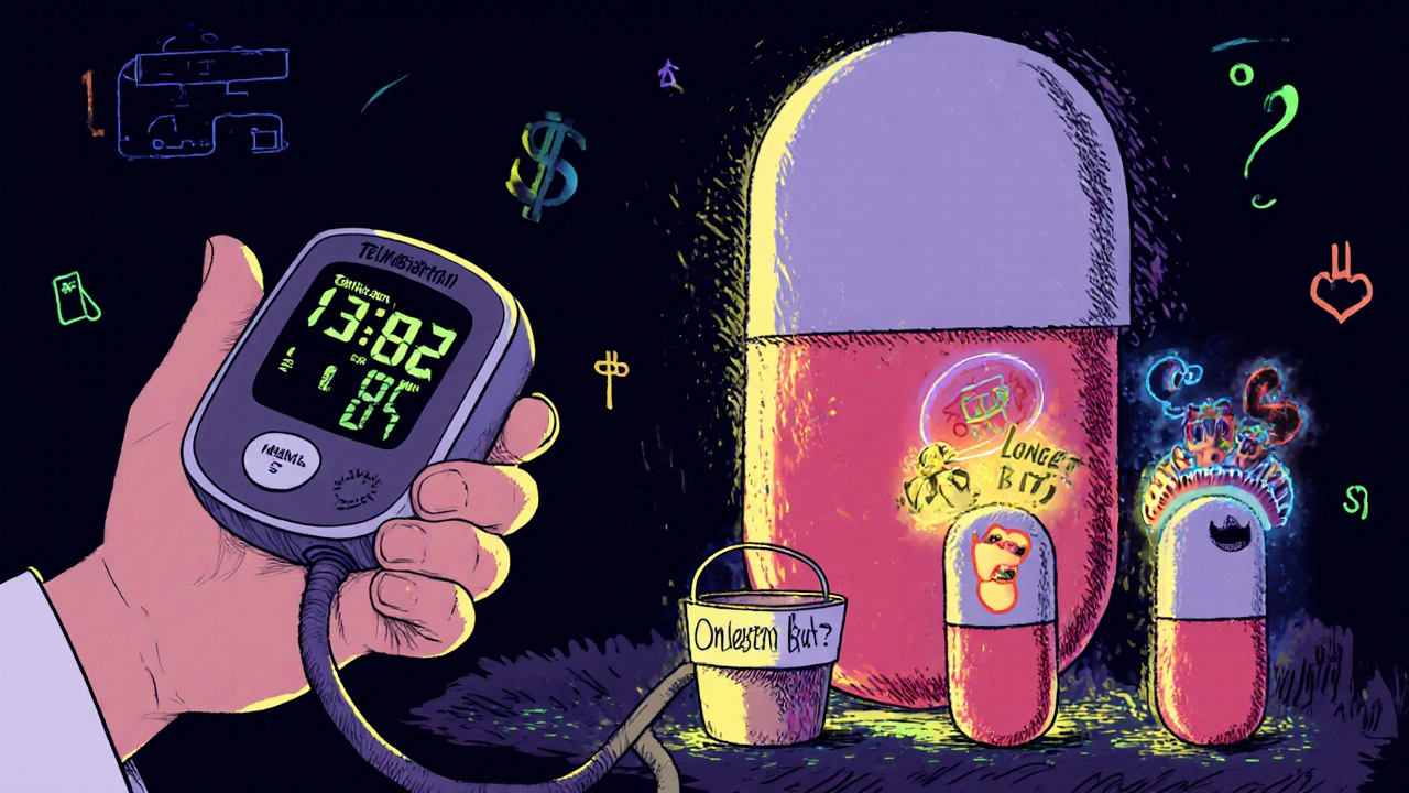 A patient with a blood pressure monitor is protected by a giant Telmisartan pill while other medications argue in the background.