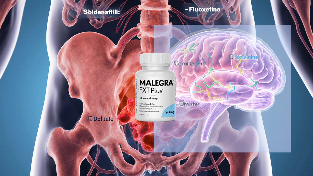 Anatomical illustration showing sildenafil dilating penile vessels and fluoxetine raising serotonin.