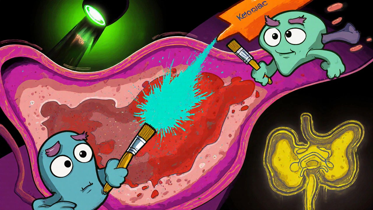 Animated enzymes spray red pain ink, halted by a blue arrow representing Ketorolac, with stomach and kidney in view.
