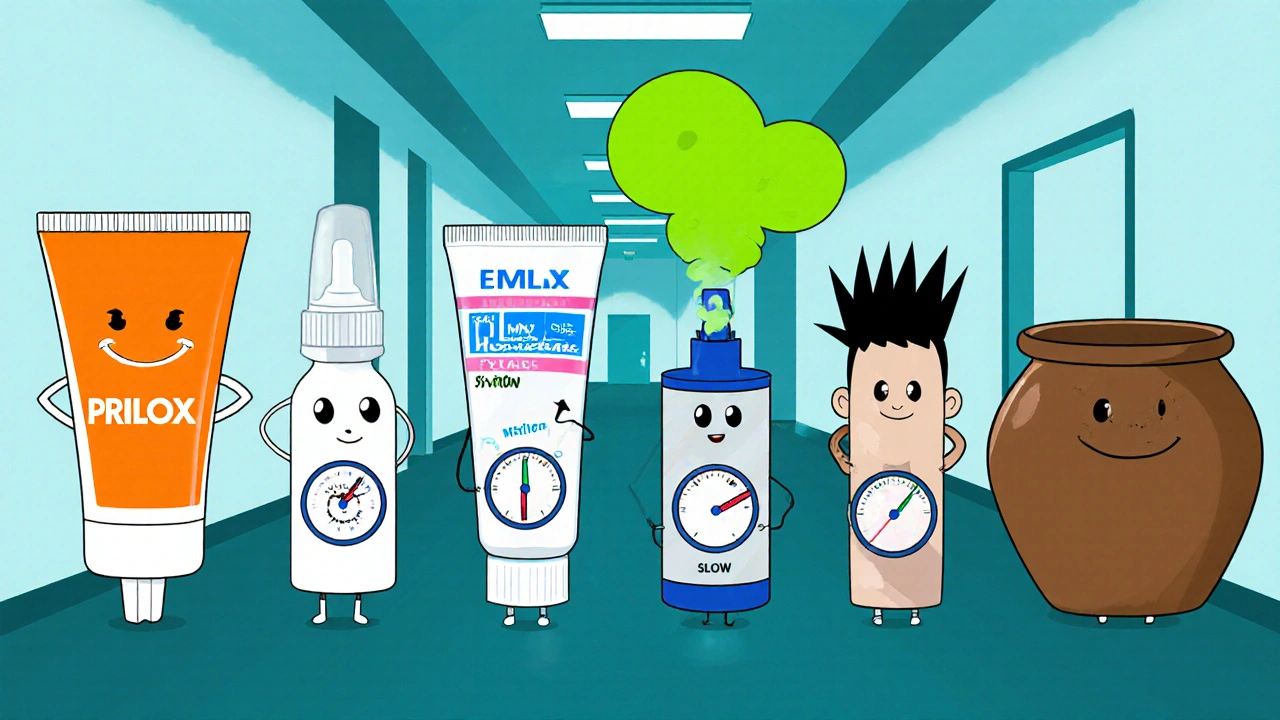 Animated lineup of six topical anesthetic products as quirky characters, each showing onset speed with cartoon clocks.