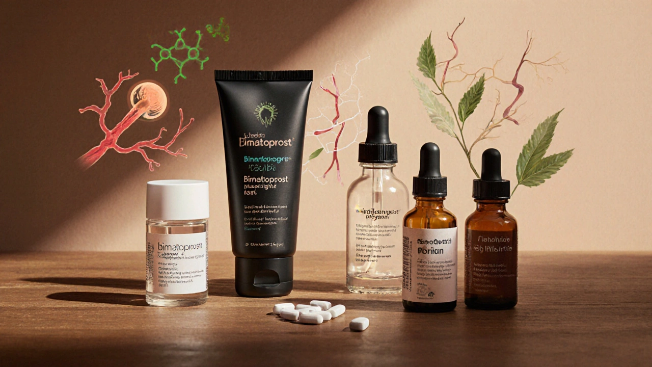 Artistic display of various hair‑growth products with visual cues of their mechanisms.