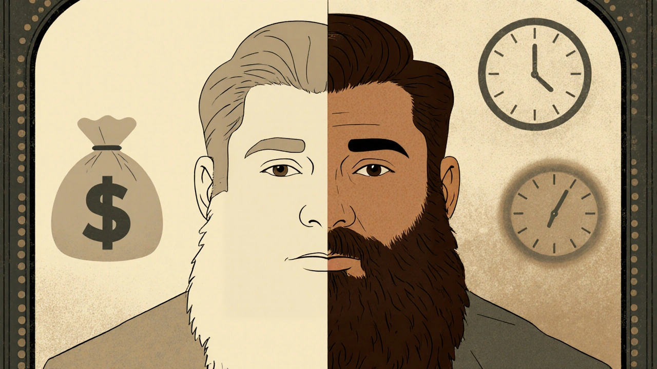 Before‑and‑after poster of a man’s beard growth, showing cost and time icons.