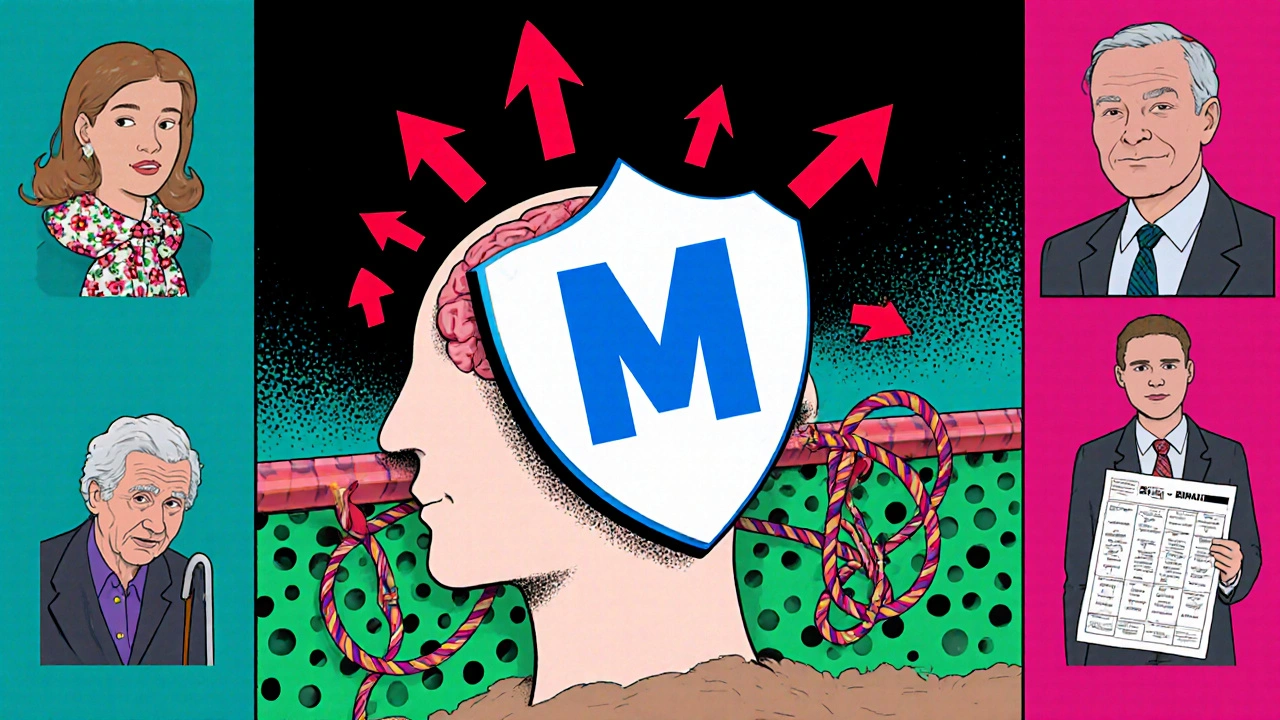 Cartoon beta‑blocker molecule crossing a brain barrier, affecting adrenaline and serotonin.