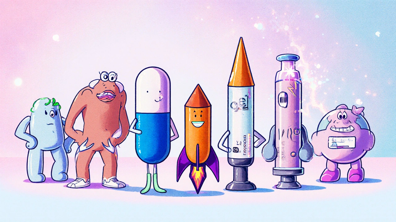 Cartoon characters personifying various ED treatments in a lineup.