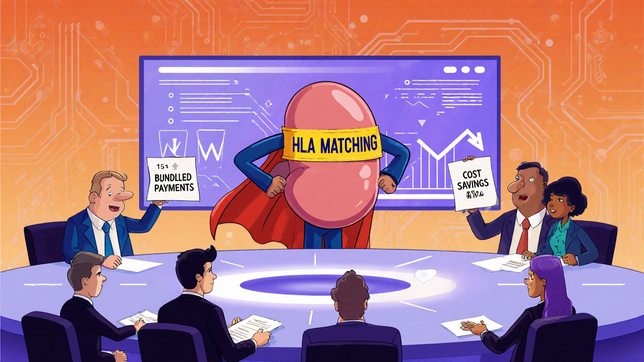 Cartoon roundtable showing officials and a superhero kidney promoting cost‑saving strategies.