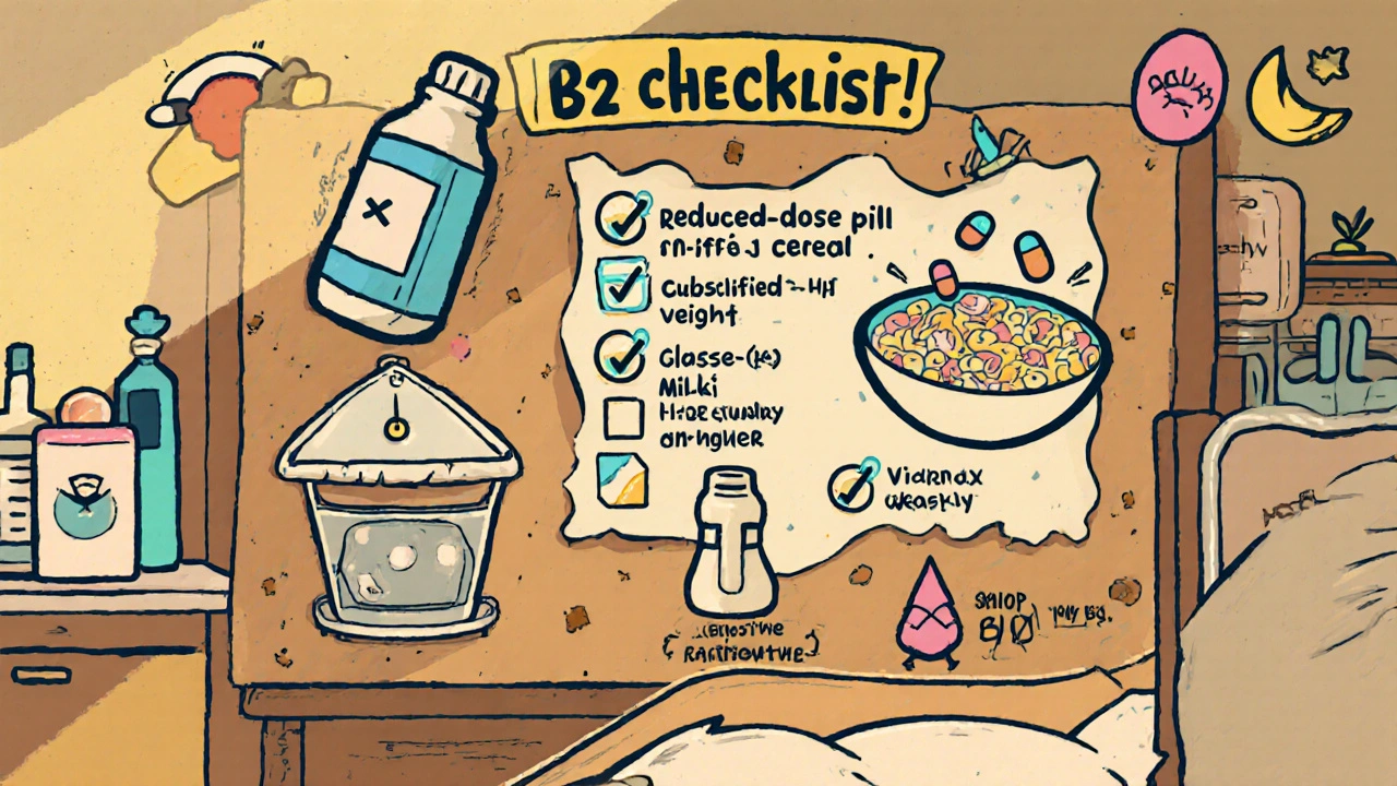 Checklist of B12 management items: reduced pill, fortified foods, supplements, H2 blocker, lifestyle icons.