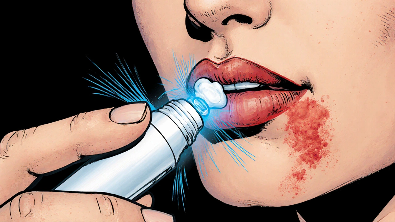 Close-up of hand applying hydrocortisone cream to chapped lips with soothing glow.