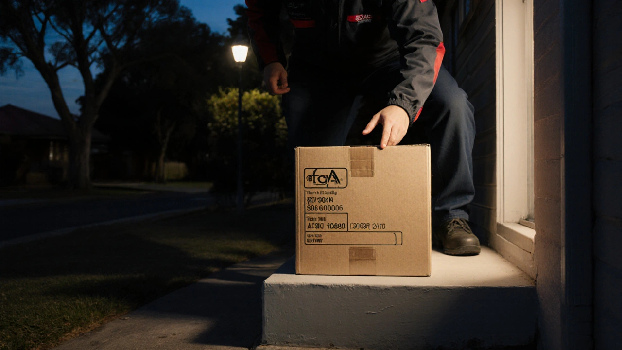 Courier delivering sealed box with TGA seal on a suburban doorstep at dusk.