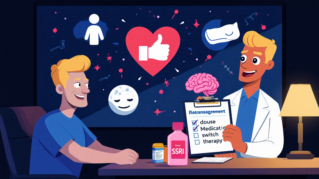 Doctor and patient reviewing a checklist, with heart and brain icons showing improvement.