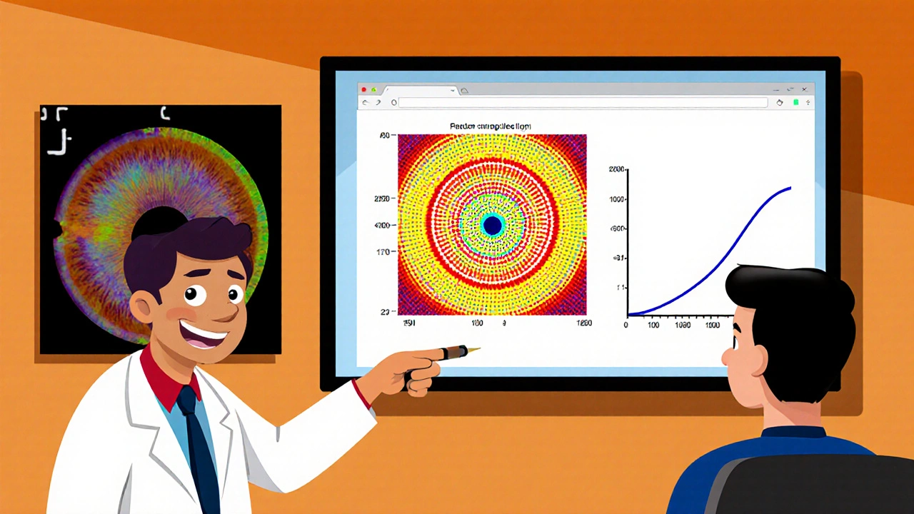 Doctor points to a colorful visual field map and trend graph showing glaucoma progression.