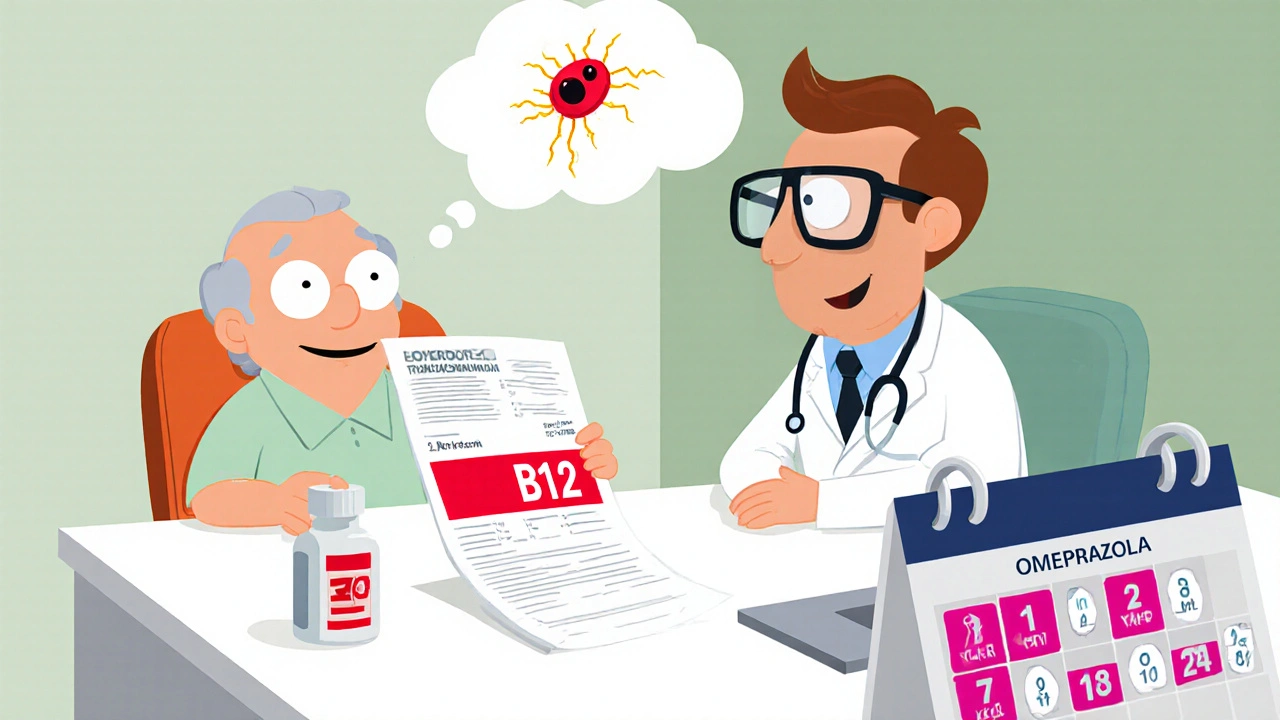 Elderly patient at doctor’s desk with low B12 lab report and thought bubble of nerves.