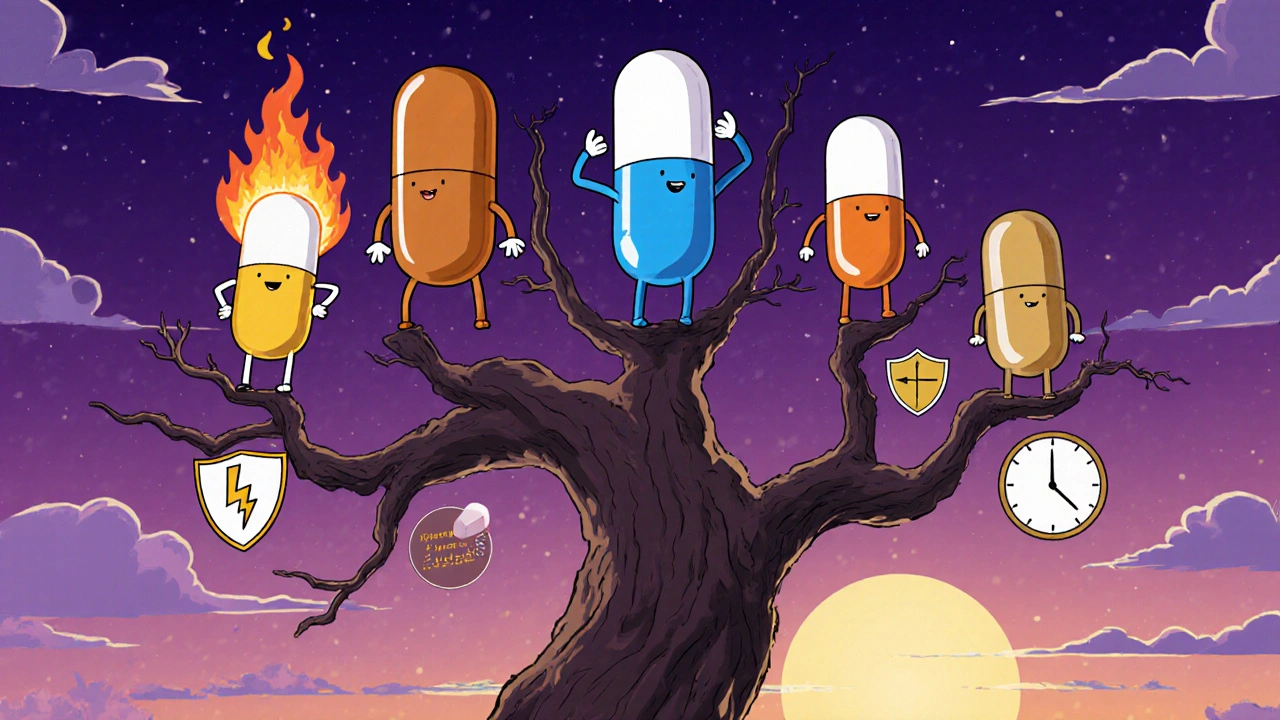 Five distinct cartoon pills stand on a twisted tree branches under a purple sky, each with symbolic icons.