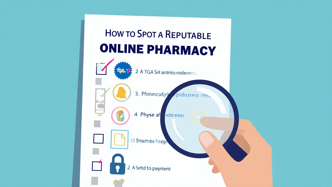 Hand holding magnifying glass over checklist of pharmacy safety features.