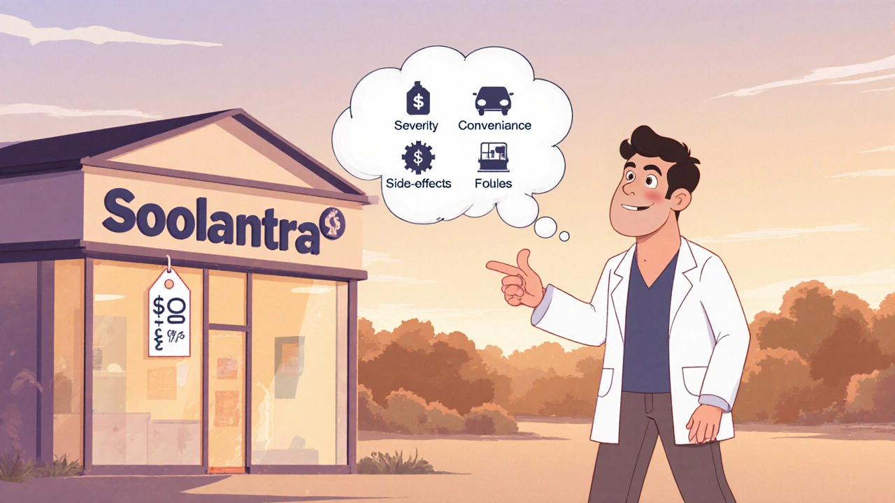 Happy adult with clear skin walking past a pharmacy sign, dermatologist pointing to decision icons.