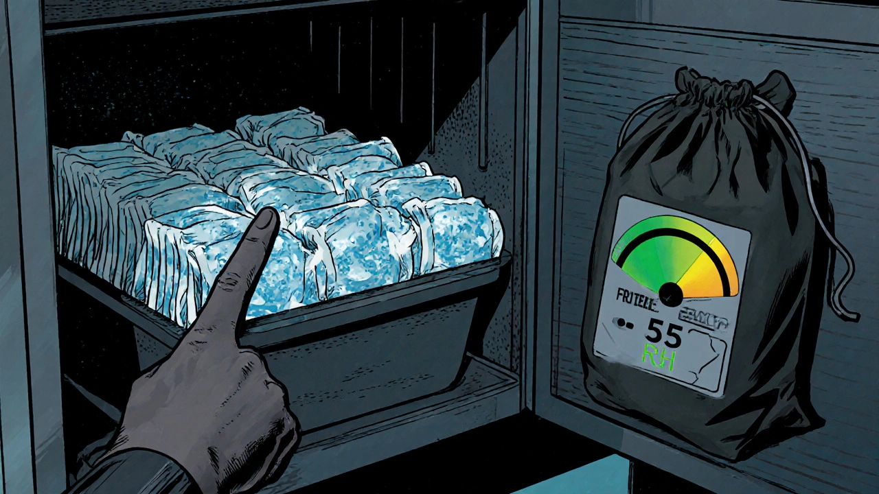 Hero checks silica‑gel packets and temperature sticker in a dry cabinet.