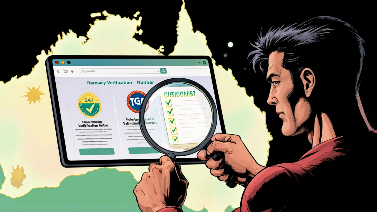 Hero inspecting a web page with verification badges and a checklist against an Australian map.