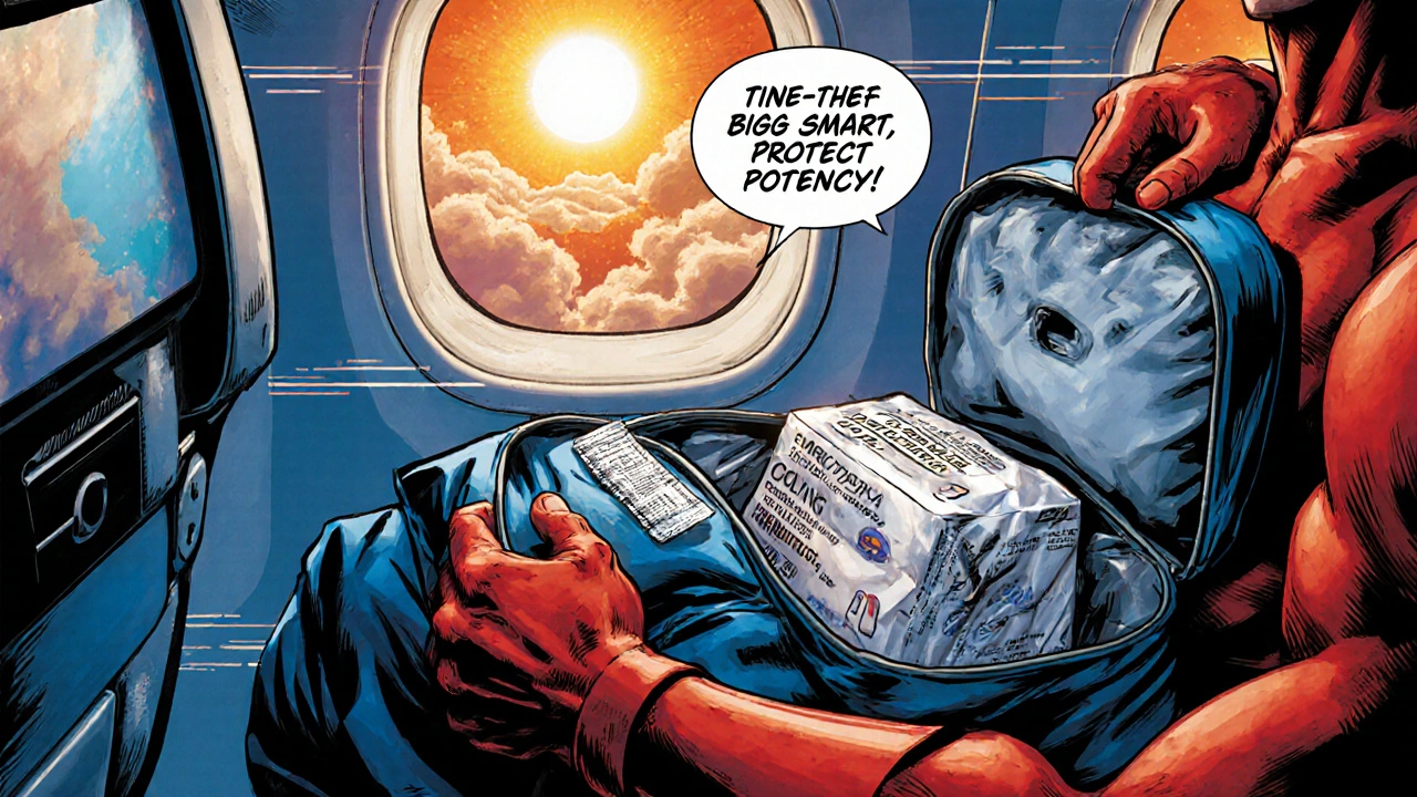 Hero stores medication in insulated bag during air travel.