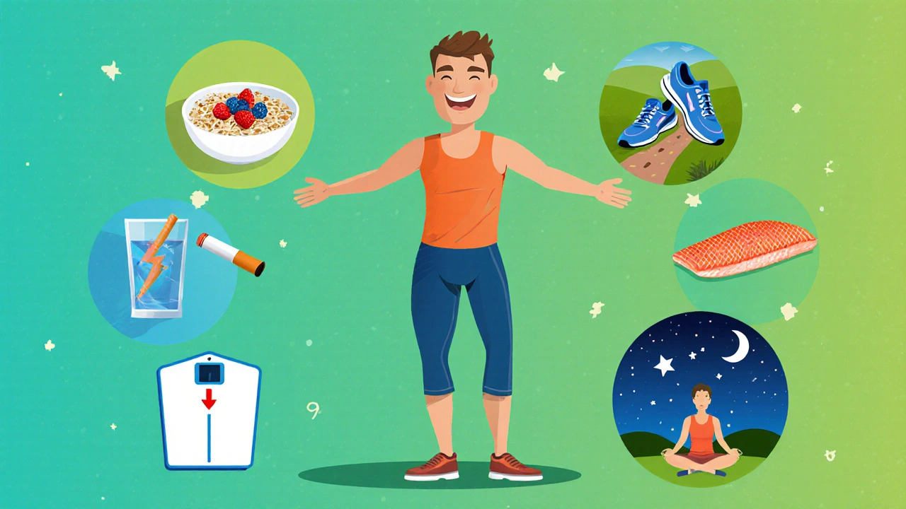 Illustration of a person surrounded by icons for healthy foods, exercise, sleep, and stress relief.
