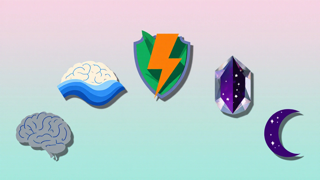 Illustration of five abstract symbols representing Lamictal, Carbamazepine, Valproate, Lithium, and Quetiapine.