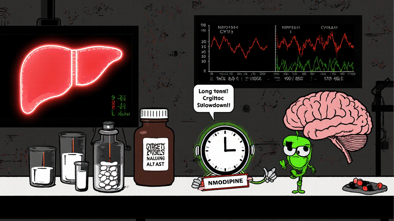 Lab scene shows a liver icon, brain clock, and CYP3A4 robot highlighting risks.