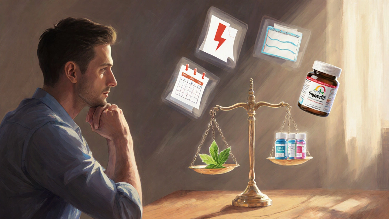 Man at a desk with floating icons and a scale comparing combo and individual ED options.