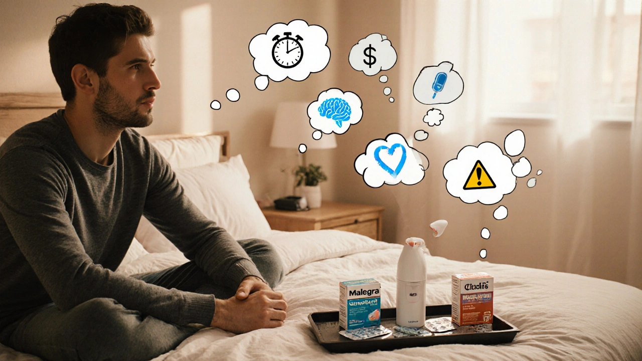 Man at bedside reviewing pills, thought bubbles show speed, duration, mood, cost, safety.