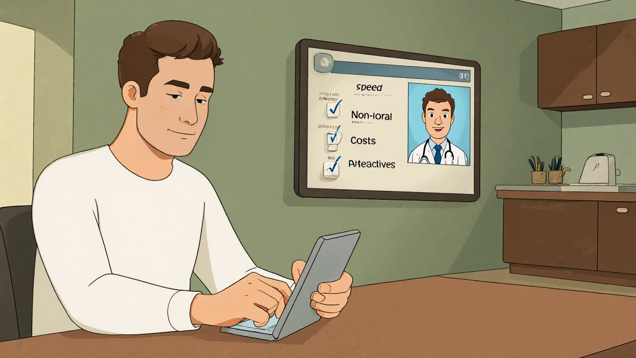 Man reviewing a checklist with doctor on screen, deciding on treatment.