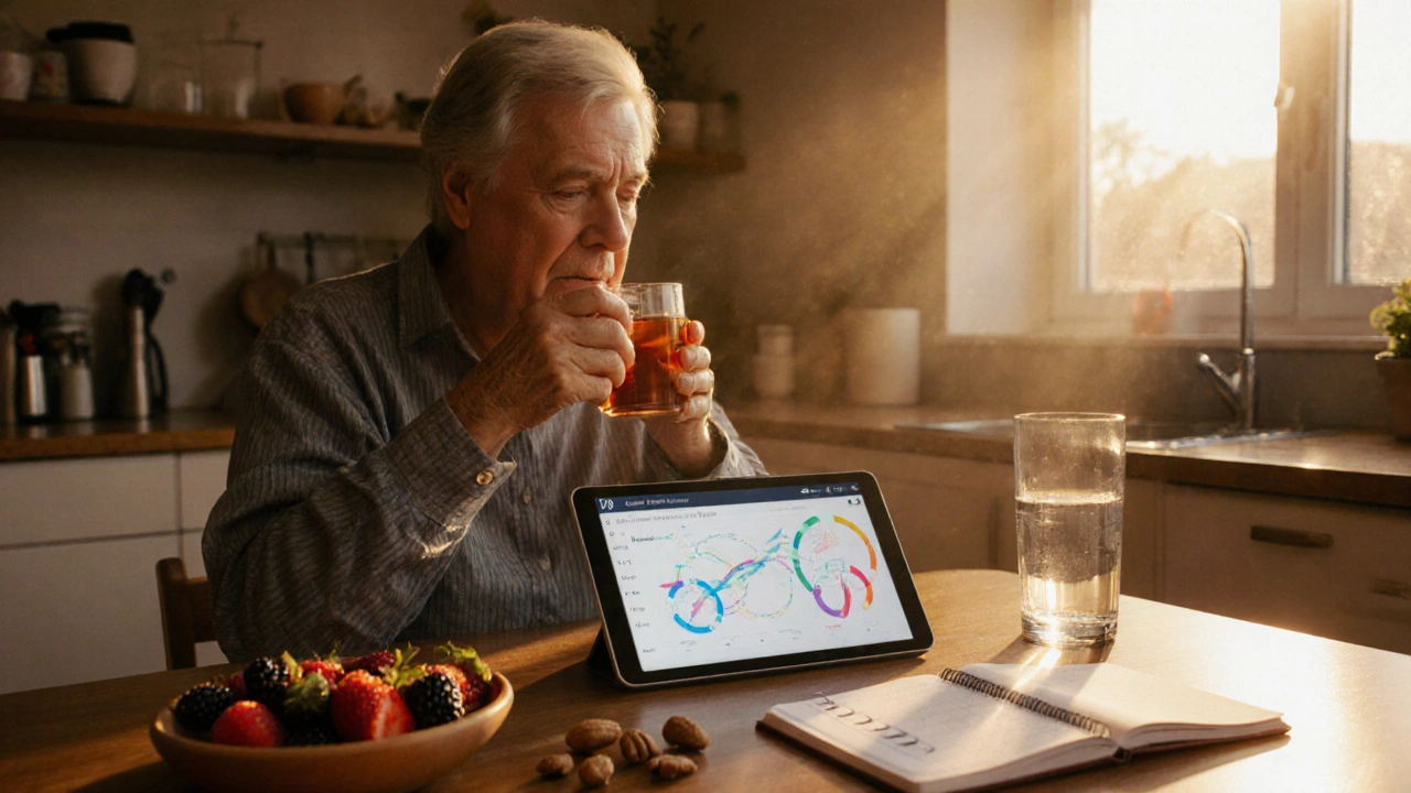 Morning kitchen scene with a person reviewing health progress beside fresh fruit and nuts.