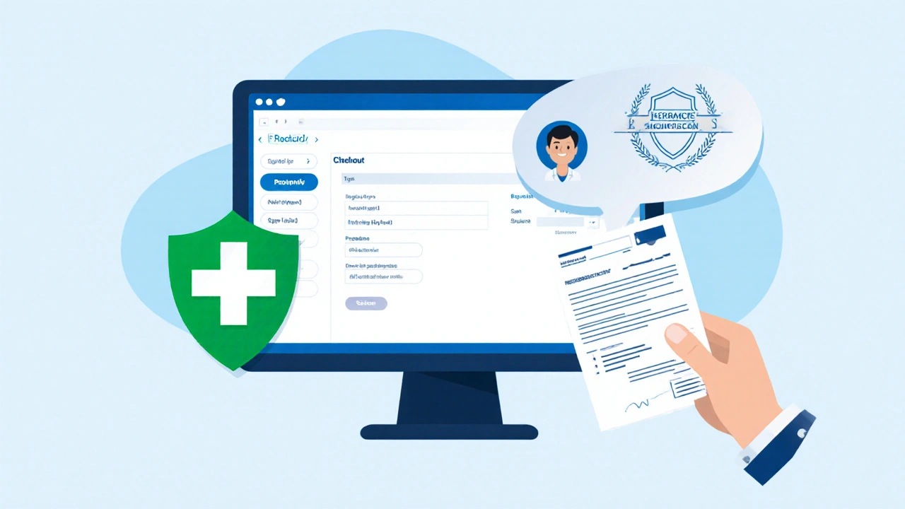 Online pharmacy checkout page with shield, lock, and pharmacist avatar.