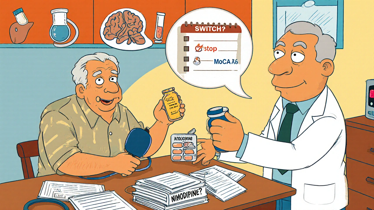 Patient at a table reviews lab log and pill organizer while doctor offers a new medication.