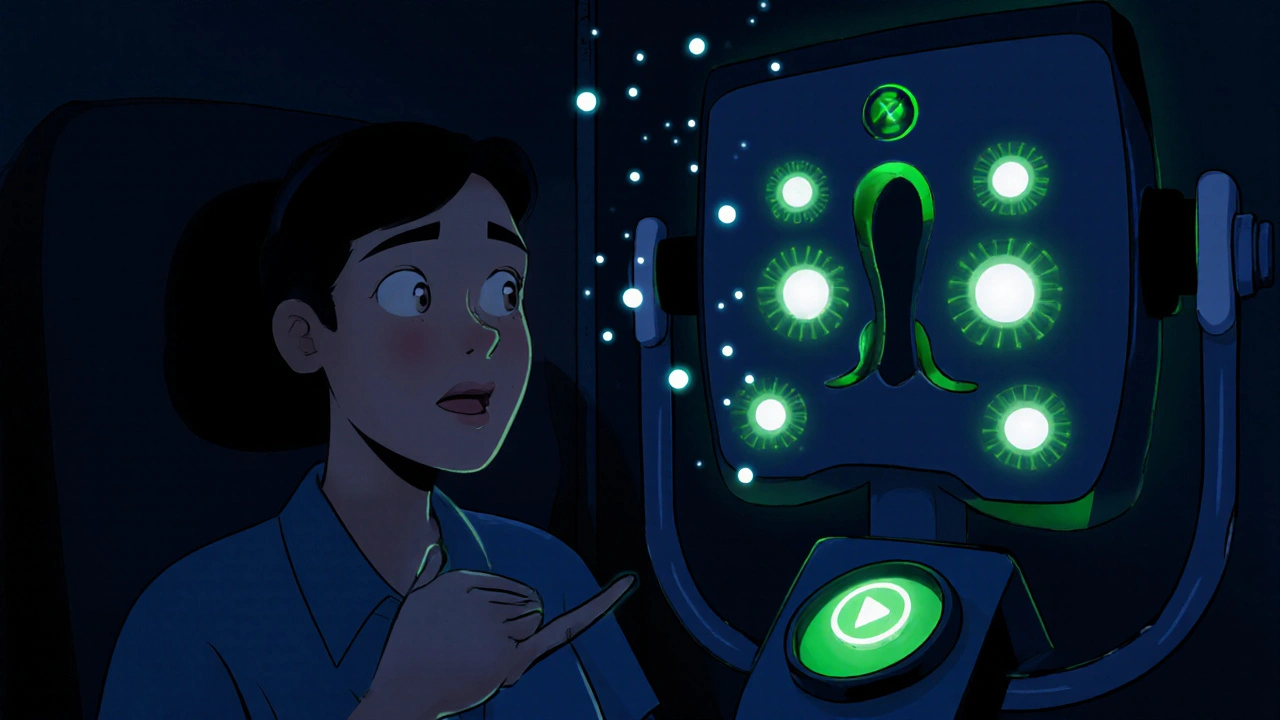Patient in a dark booth presses a button as light flashes appear in peripheral vision.