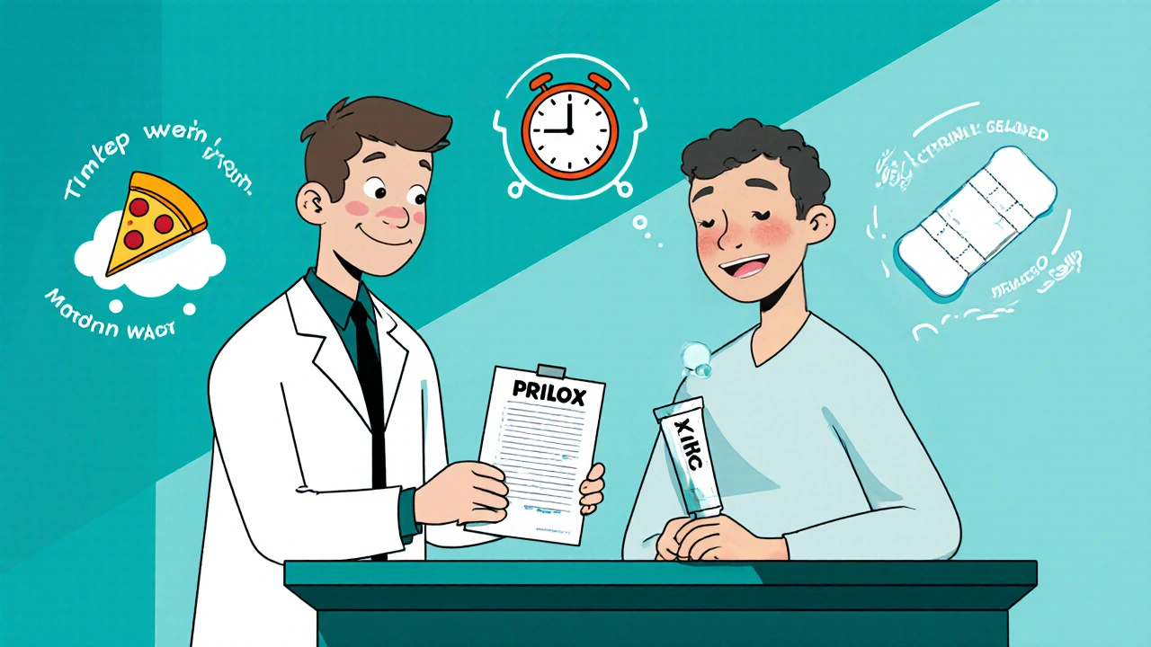 Patient receiving a prescription in a clinic, surrounded by icons for washing, waiting, and occlusive dressing.