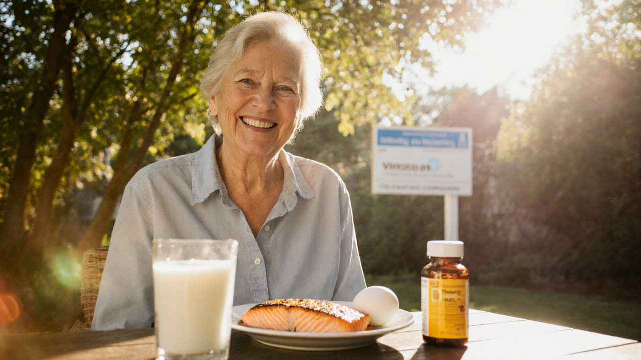 Person outdoors with fortified milk, salmon, egg, and vitamin D supplement on a sunny patio.