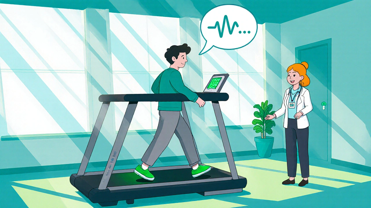 Person walking on treadmill with therapist, breathing bubble and progress display.