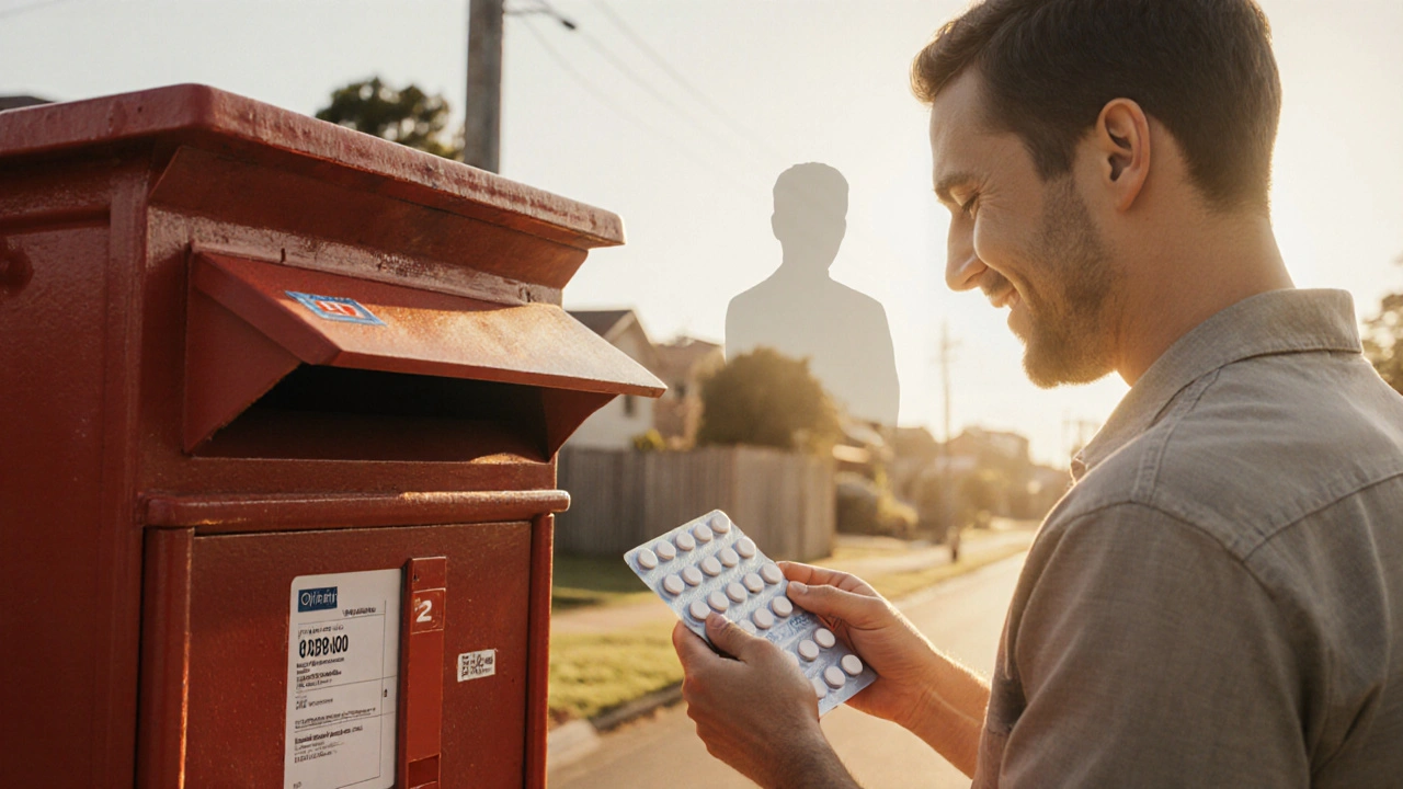 Recipient opening a delivery box with generic atenolol tablets beside a postbox.