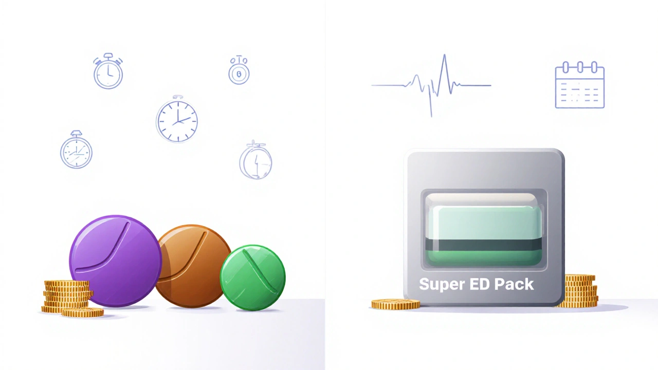 Split illustration showing separate pills with coins versus one combo pill with a single coin stack.