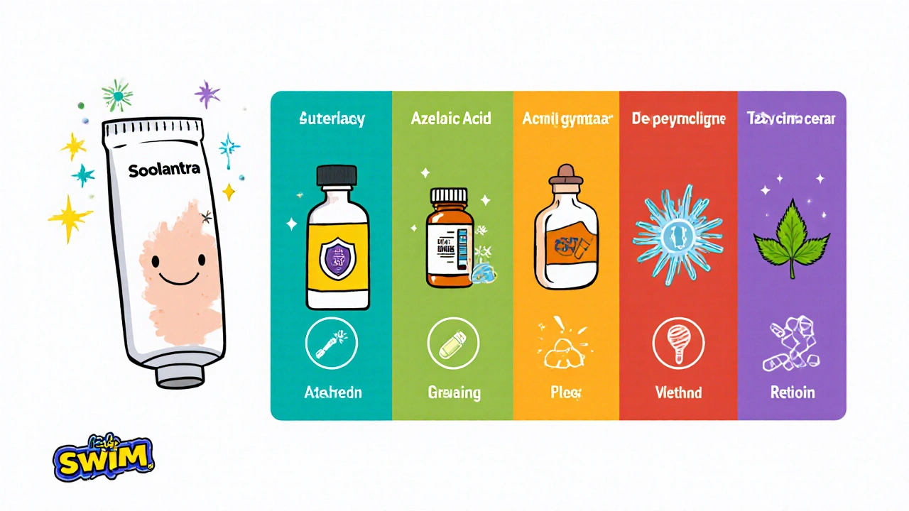 Split‑panel cartoon comparing Soolantra with Metronidazole, Azelaic Acid, Benzoyl Peroxide, Doxycycline, and Tazarotene.