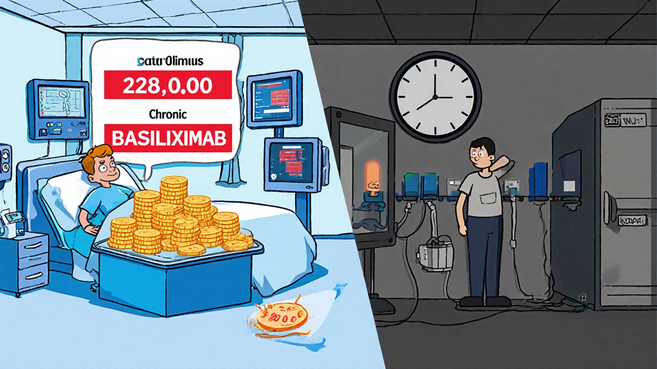 Split-screen cartoon comparing acute rejection hospital costs with chronic dialysis expenses.