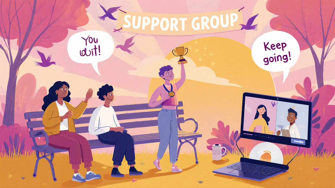 Support group gathering in park and video call, celebrating a walking milestone.
