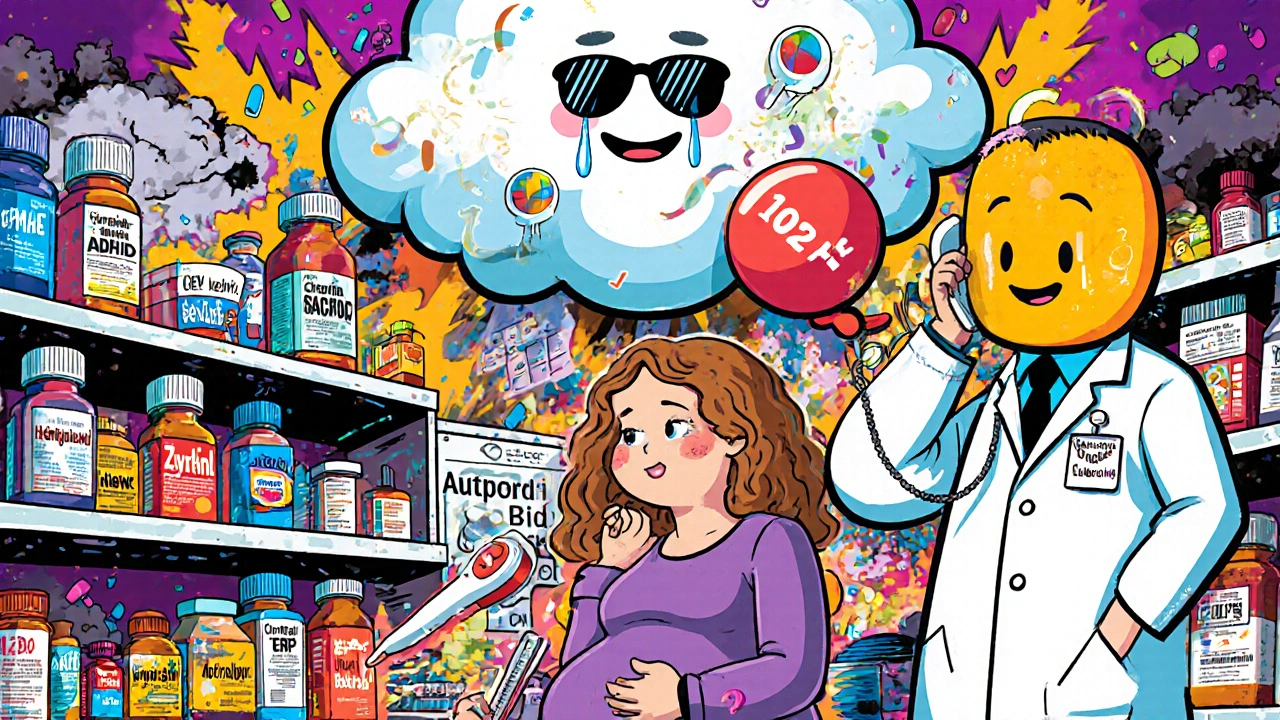 A chaotic pharmacy shelf with exaggerated medication characters, including a crying Tylenol pill and smiling safe antihistamines.