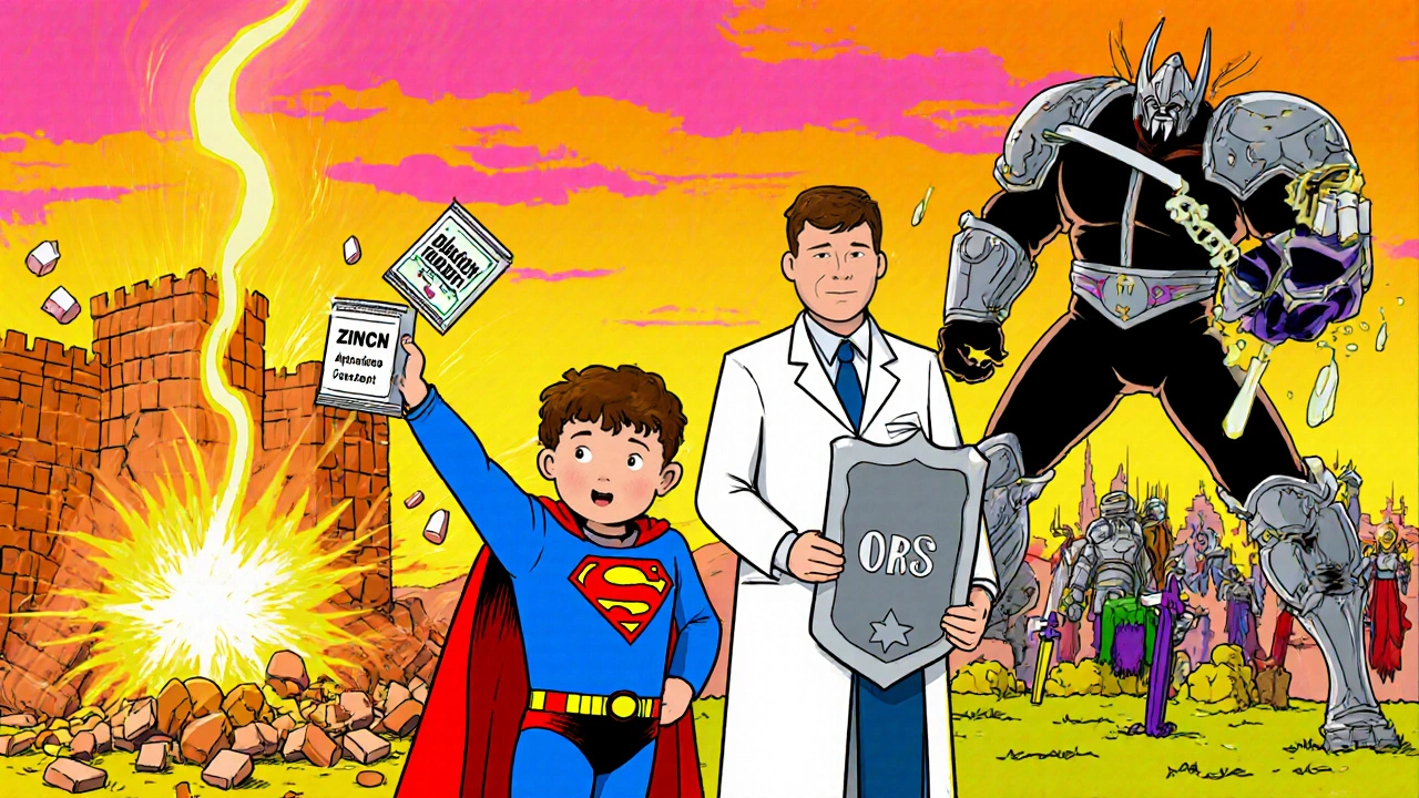 A child with a zinc wand and adult with ORS shield defeating a C. diff villain while probiotic knights fight nearby.