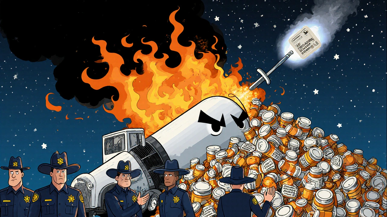 A giant syringe-shaped truck loading prescription drugs into an incinerator under a starry sky.