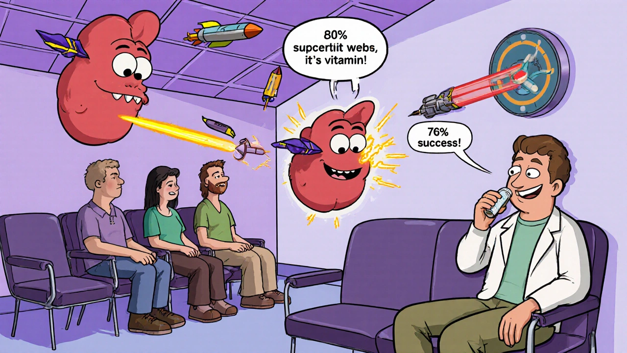A lipid clinic scene with LDL monsters being defeated by cholesterol-lowering medications in cartoon form.