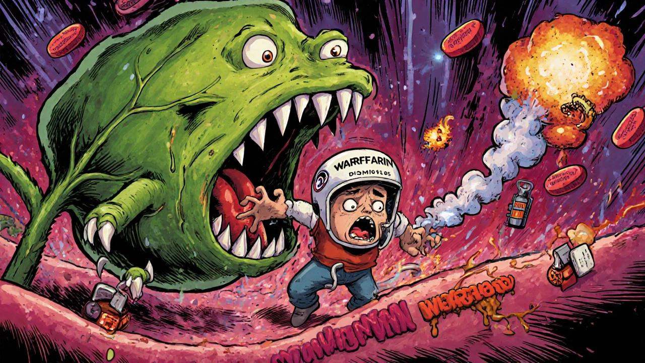 A menacing Ginkgo leaf fights a blood cell in a chaotic vein filled with exploding pills and medical chaos.