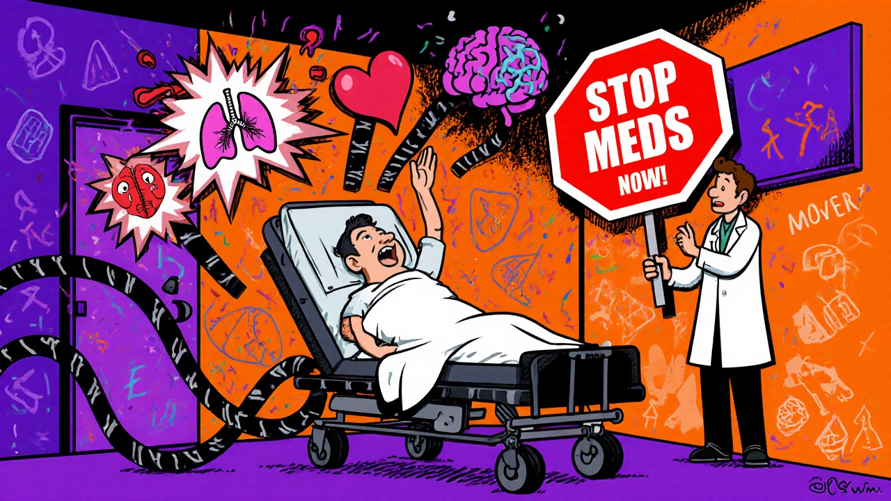 A patient being rushed to the ER with black stool trail, a doctor holding a giant &#039;STOP MEDS NOW!&#039; sign amid exploding medical icons.