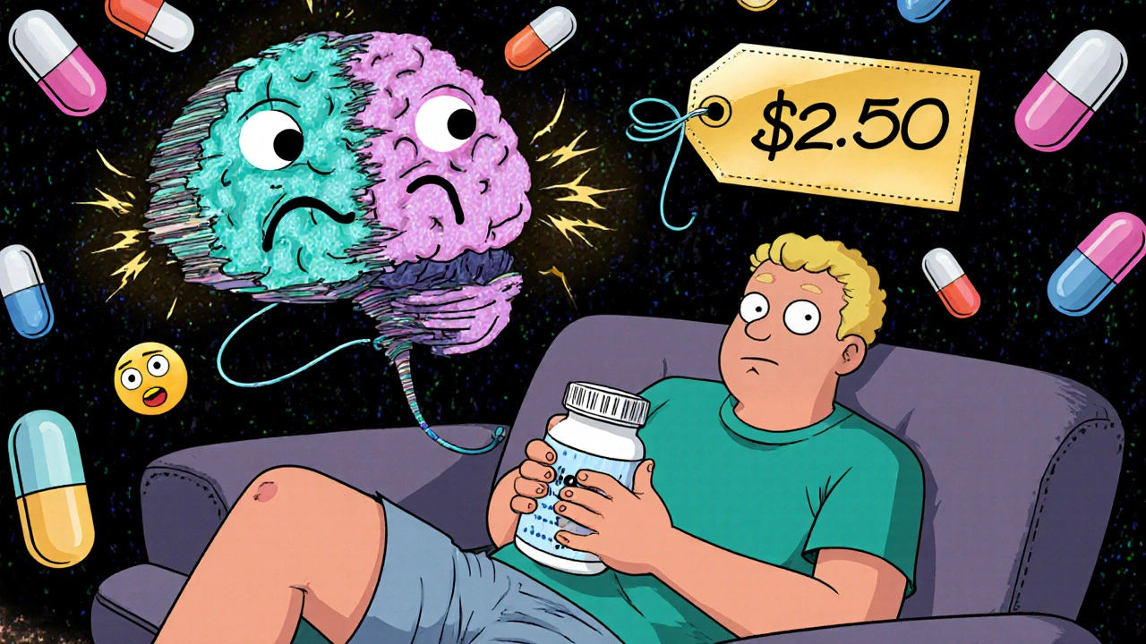 A patient with a glitching TV body stares at a brain comparing a cheap <h2>What Doctors Are Doing About It</h2>.10 pill label to an expensive .50 one, surrounded by static.