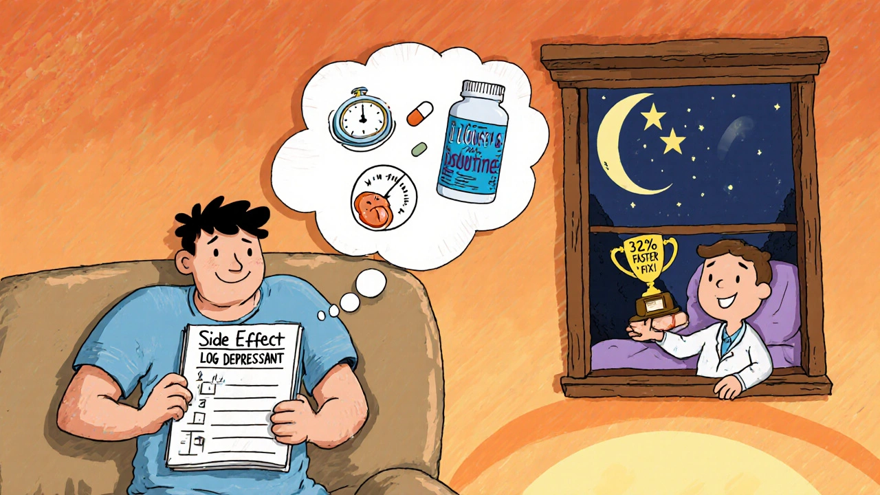 A person logging side effects in a notebook, switching medication timing from morning to night, with a smiling doctor watching through the window.