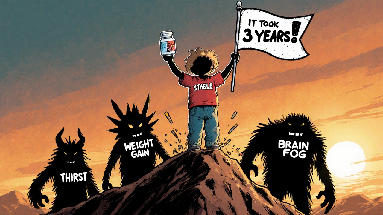 A person standing on a mountain holding a pill bottle as monsters crumble below, with sunrise lighting and graffiti-style text.