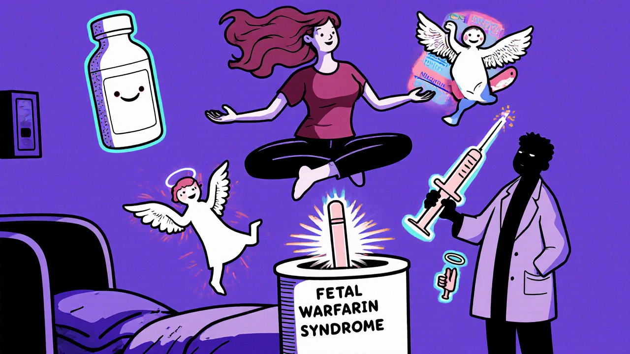 A pregnant woman in yoga pose surrounded by safe pregnancy alternatives like saline spray and inhaler, with a discarded warfarin pill below.