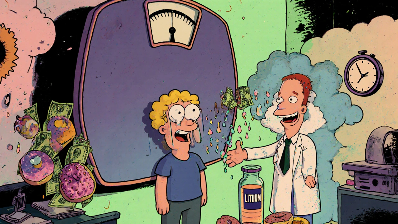 A surreal doctor&#039;s office with a scale spitting out donuts and money while a patient is weighed amid melting clocks and brain fog.